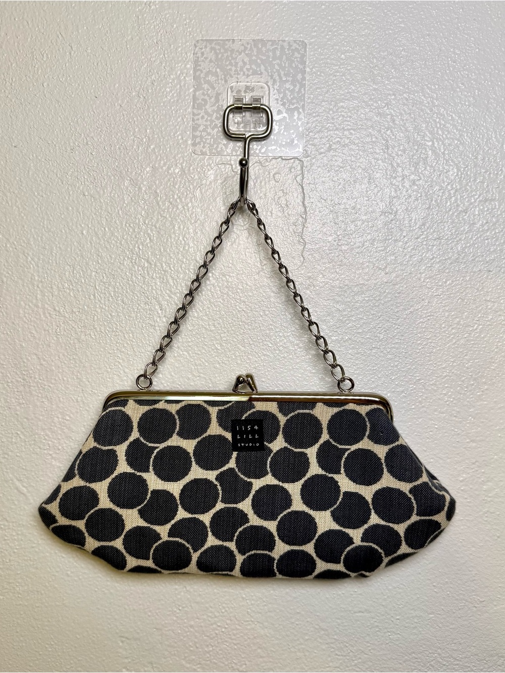 1154 Lill Studio Polka Dot Fabric Clutch Evening Bag Gray Cream Kiss Lock Frame - Picture 12 of 15